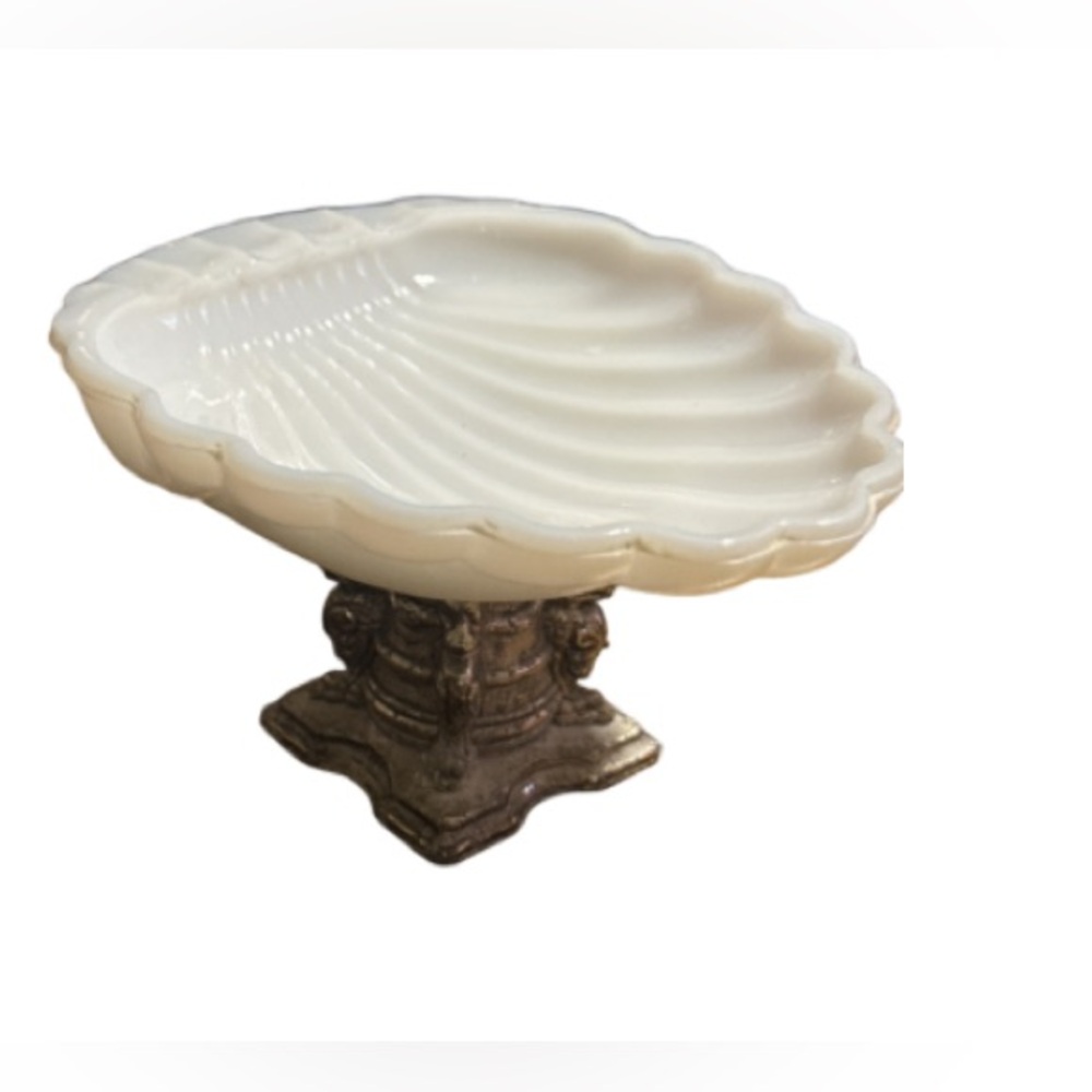 Vintage White Milk Glass Silver Metal Pedestal Soap/Trinket Dish  Mid Century